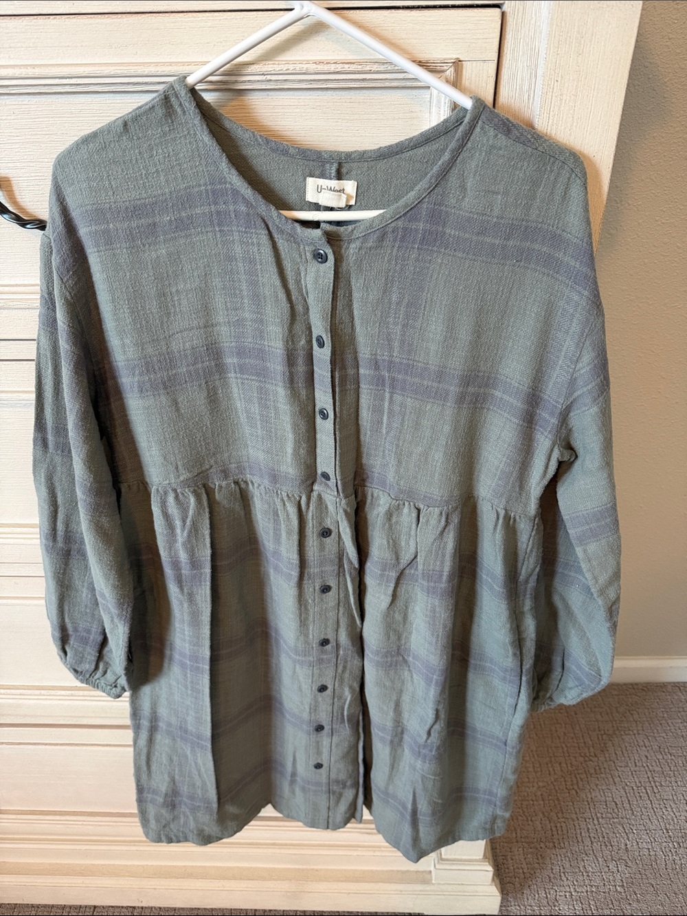 UpWest Sage and Blue Washed Flannel Button-Front Midi Dress